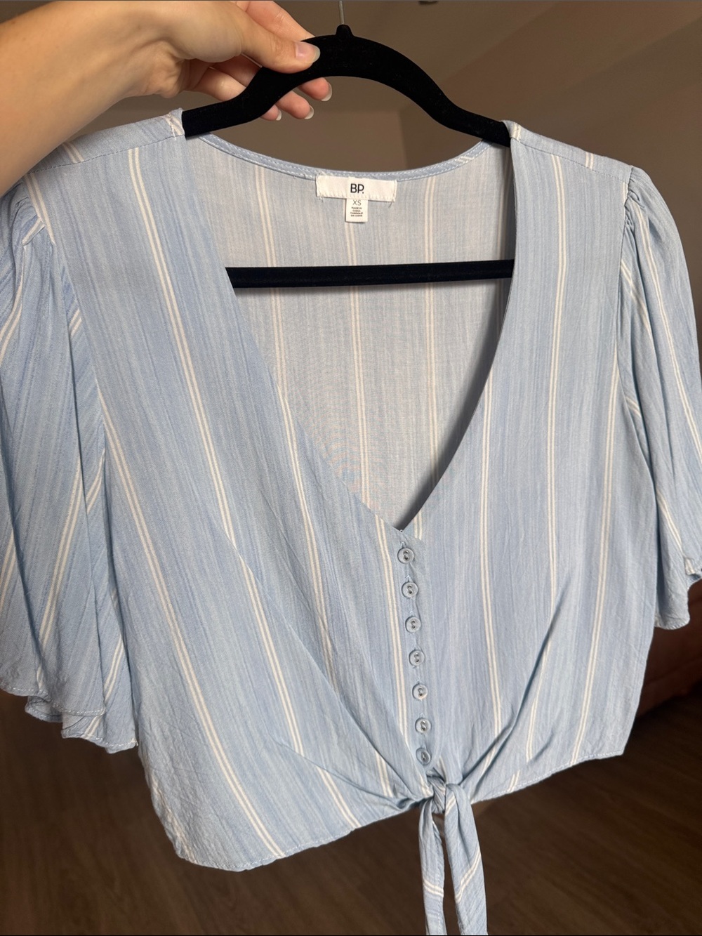 BP Blue Striped Tie-Front V-Neck Crop Top